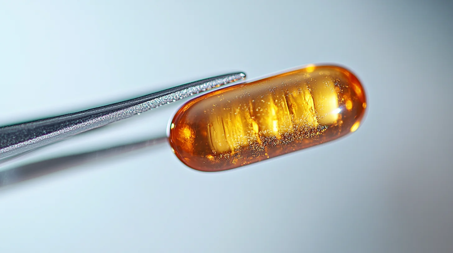 Precision tweezers holding a golden softgel capsule — clinical attention to detail